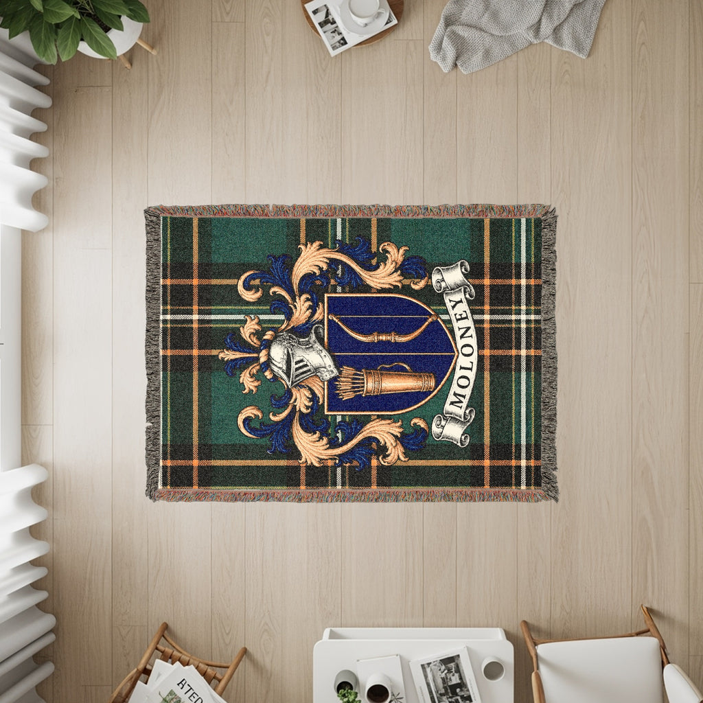Close-up of Moloney family crest design on Irish National Tartan heirloom woven blanket
