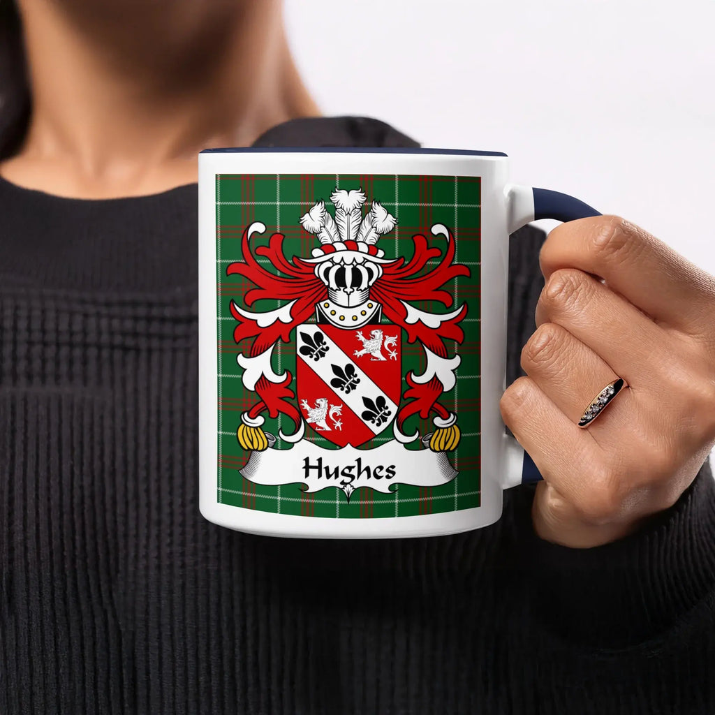 Hughes Welsh ancestry gift mug with navy accent and family crest on National Tartan