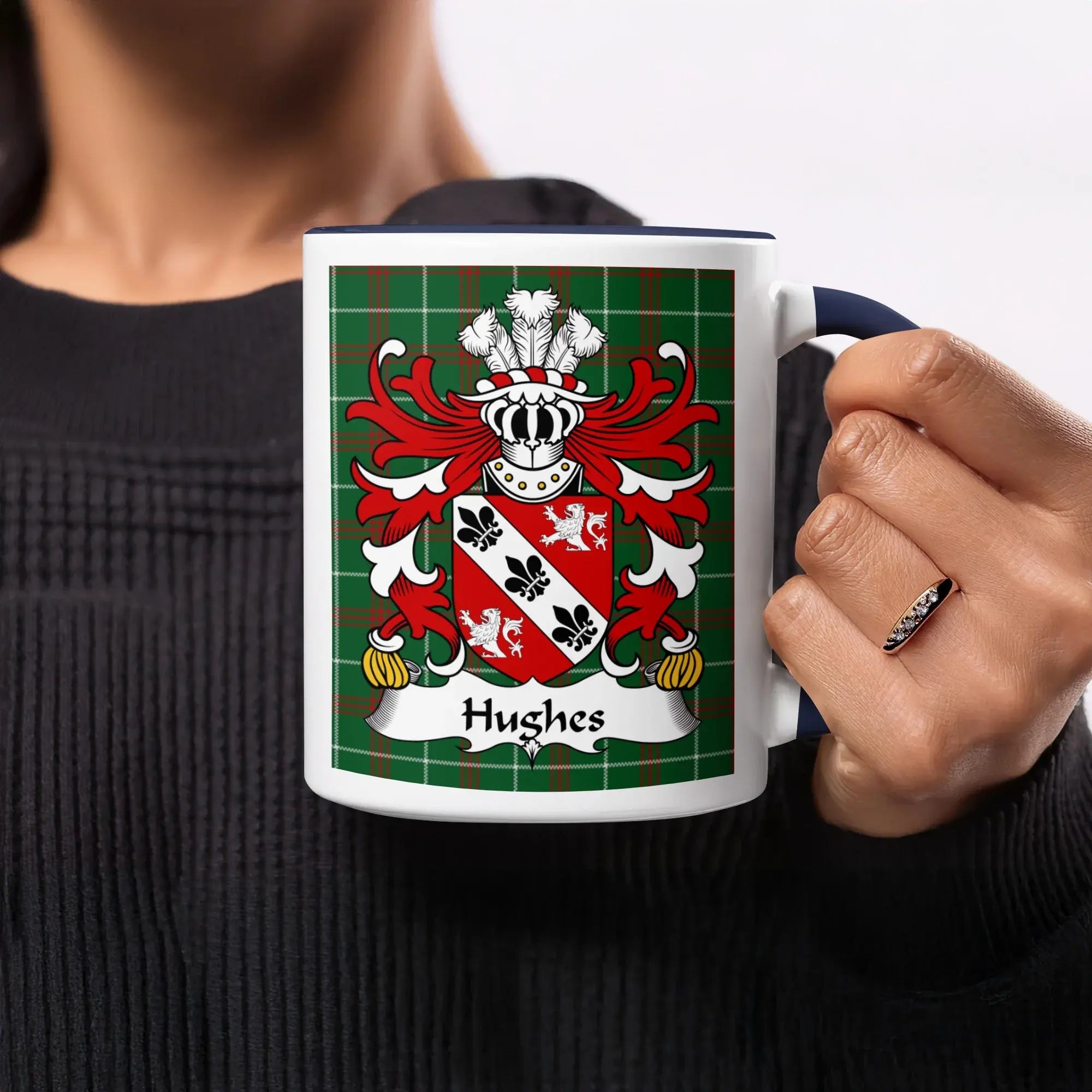 Hughes Welsh ancestry gift mug with navy accent and family crest on National Tartan