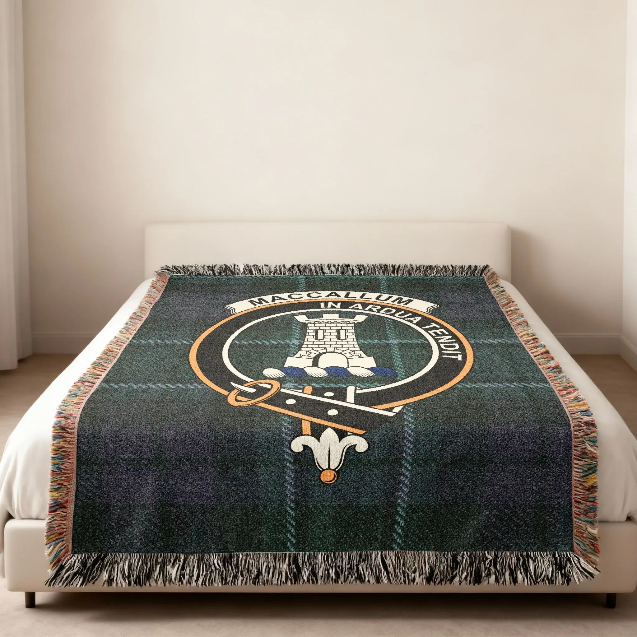 MacCallum In Ardua Tendit woven tartan blanket — full size view of crest and tartan pattern