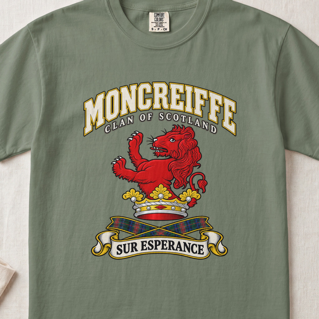 Moncreiffe Scottish clan T-shirt in Moss, front view with a red lion above a golden crown and motto banner.