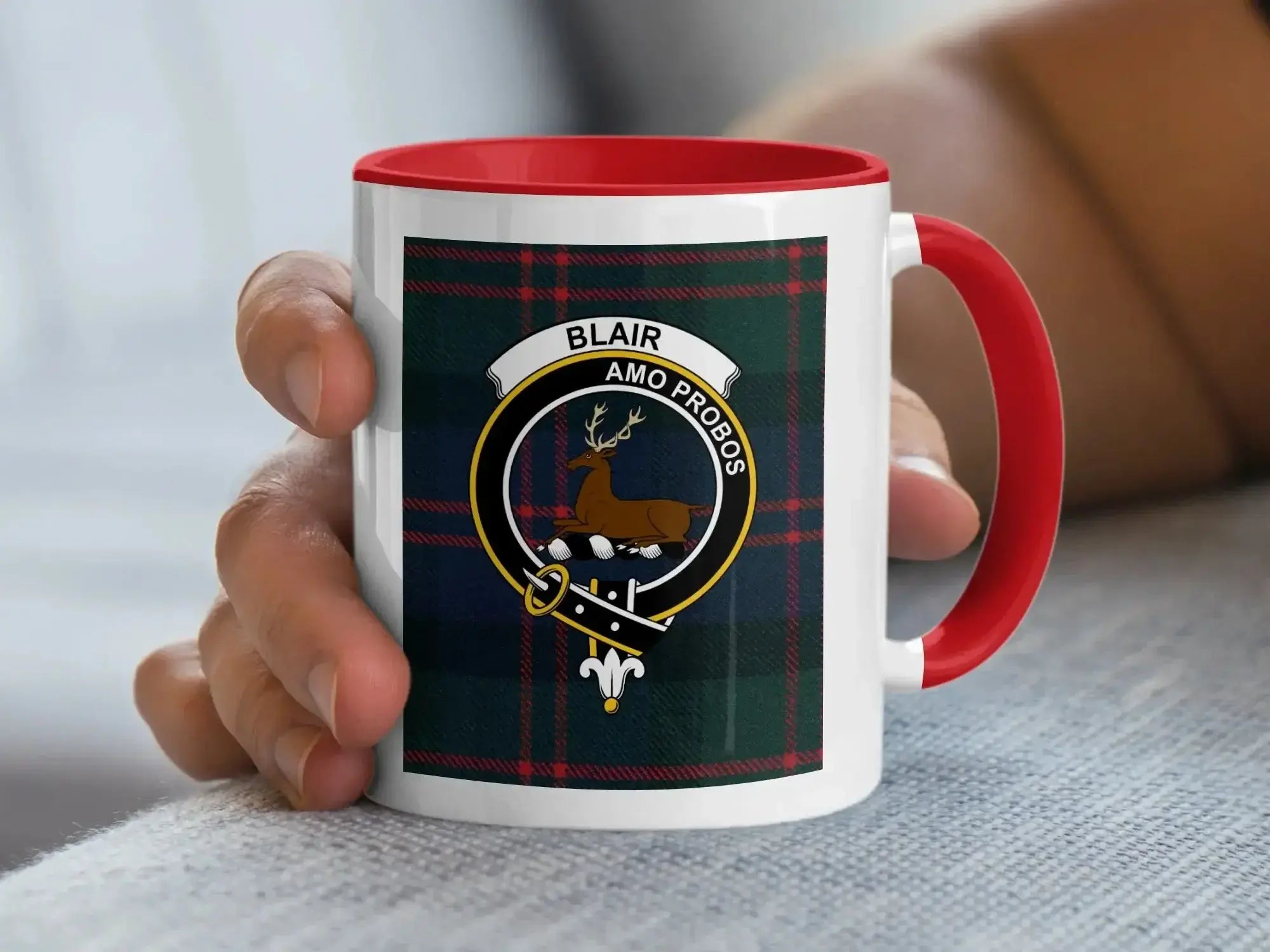 Blair clan crest accent mug in navy — tartan design inspired by Scottish heritage, 15oz ceramic