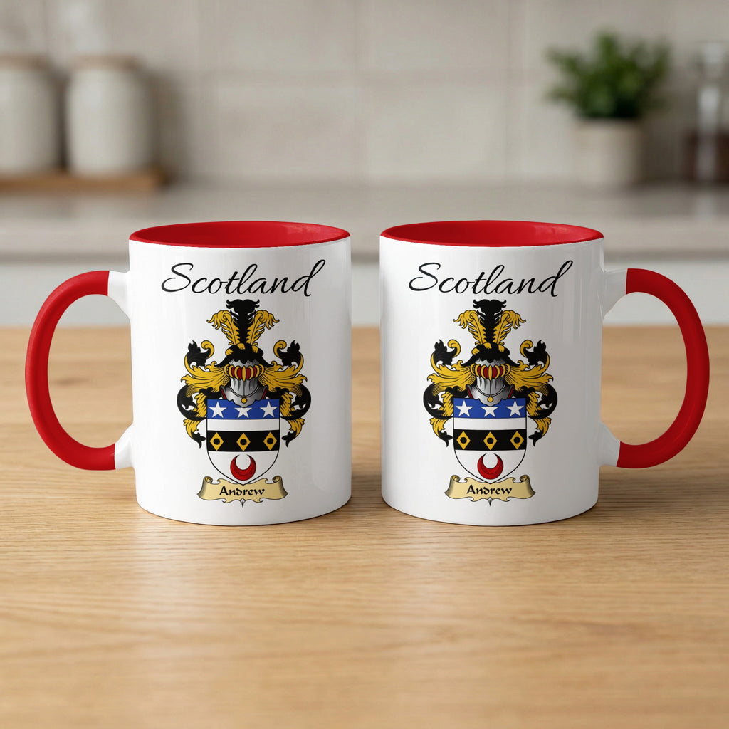 Andrew 11 oz Scottish family crest ceramic mug with a Scotland-topped heraldic emblem