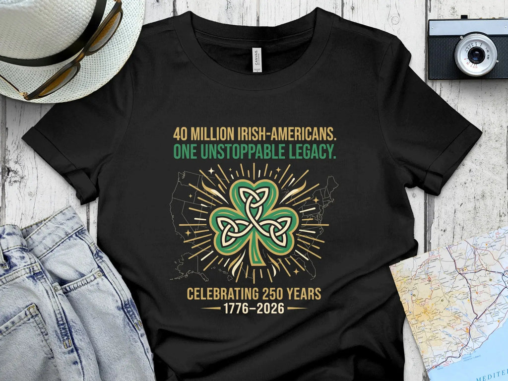 Black t-shirt with shamrock, map of Ireland, and text celebrating 250 years.