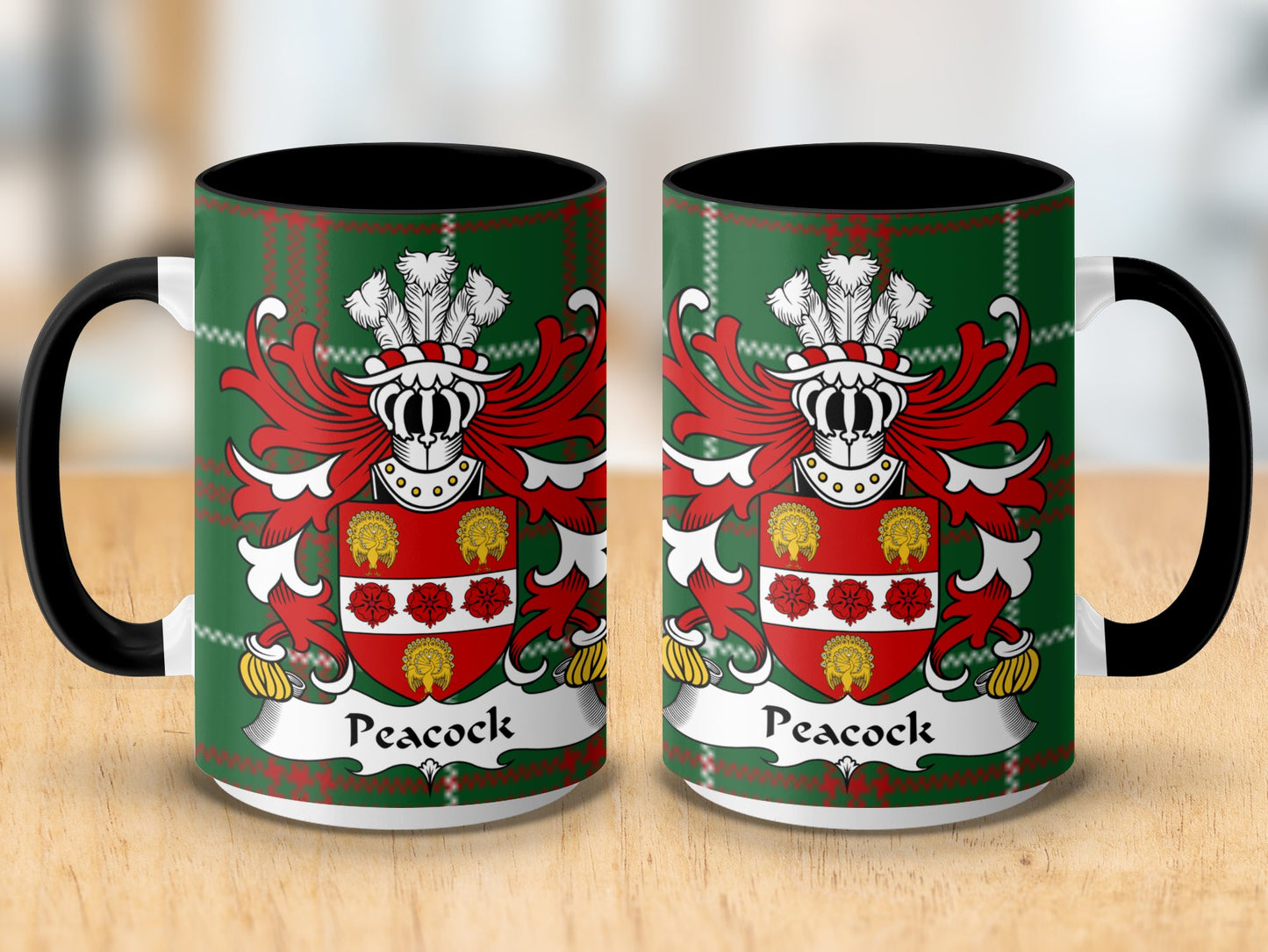 Peacock Surname Coat of Arms on Welsh Tartan Mug - Living Stone Gifts