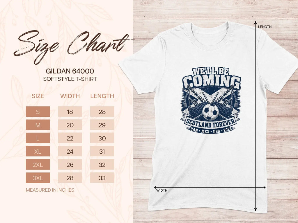 Gildan 64000 Softstyle t-shirt size chart with chest width and length measurements.