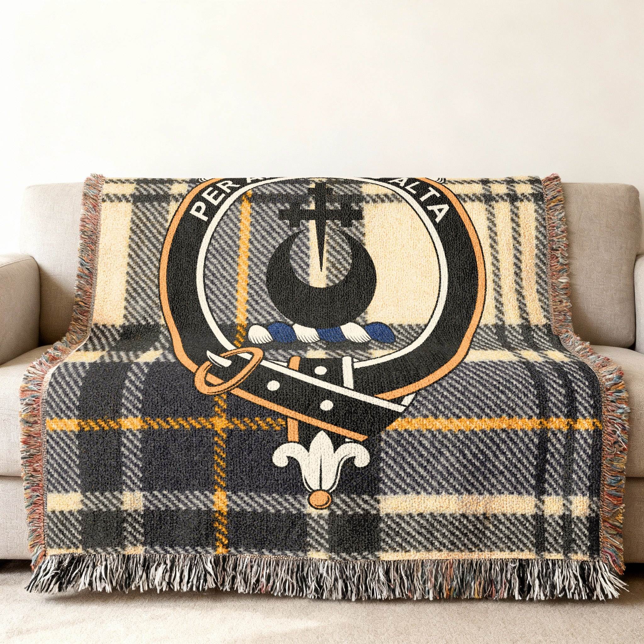 Hannay woven heritage blanket — 80x60 inch size laid flat showing full crest and tartan design