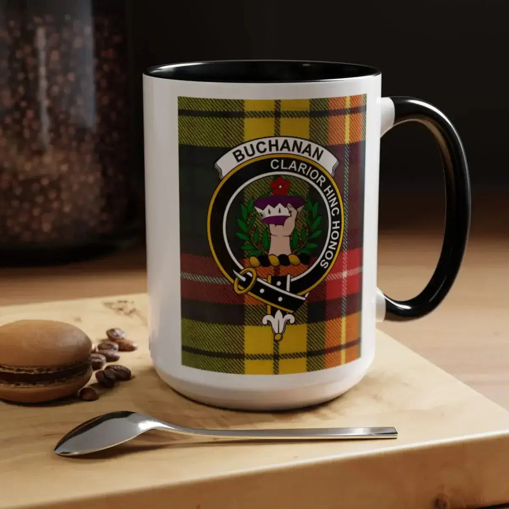 Buchanan clan crest tartan accent mug — navy handle, 15 oz