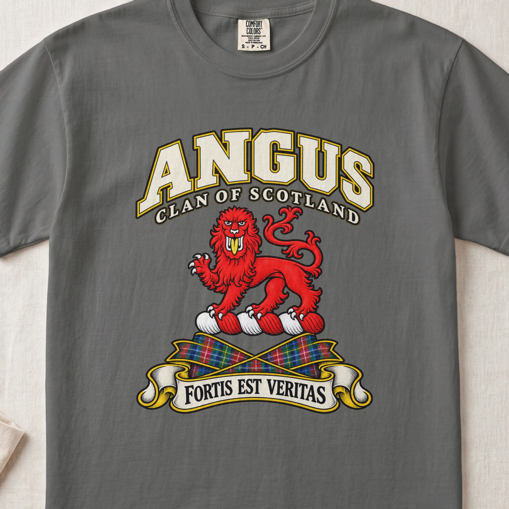 Angus Scottish clan T-shirt in Pepper, front view with a red lion and motto banner.
