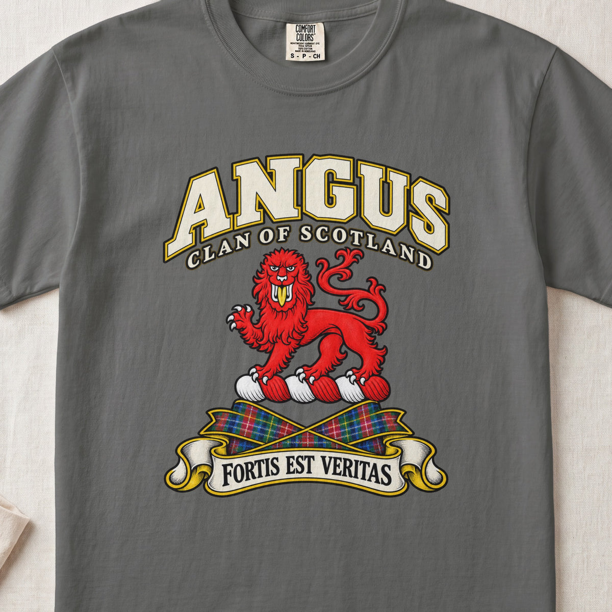 Angus Scottish clan T-shirt in Pepper, front view with a red lion and motto banner.
