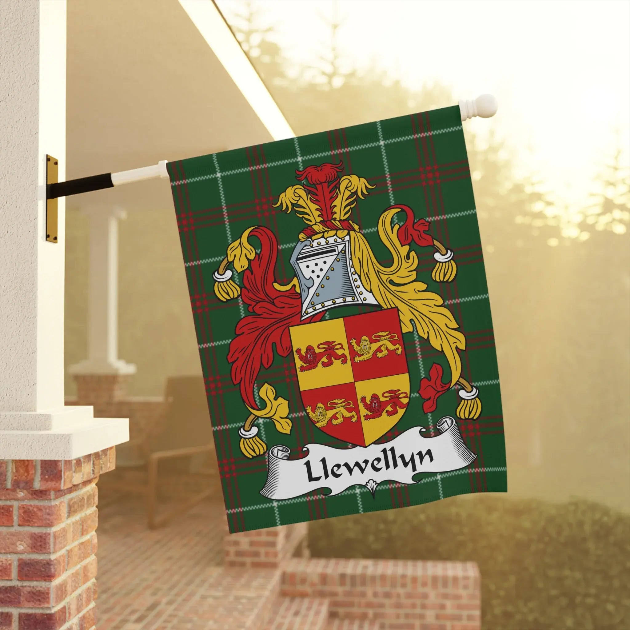 Llewellyn family crest on a tartan green flag.