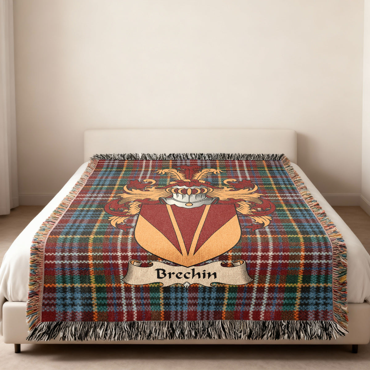Brechin Caledonia tartan heritage woven throw blanket with family shield