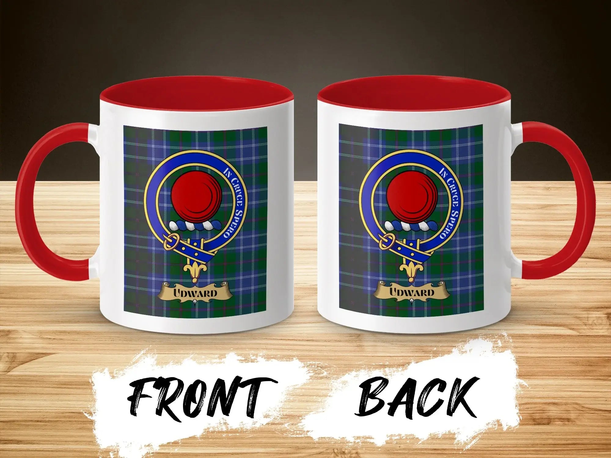 Udward tartan-background crest mug shown as a Scottish heritage gift
