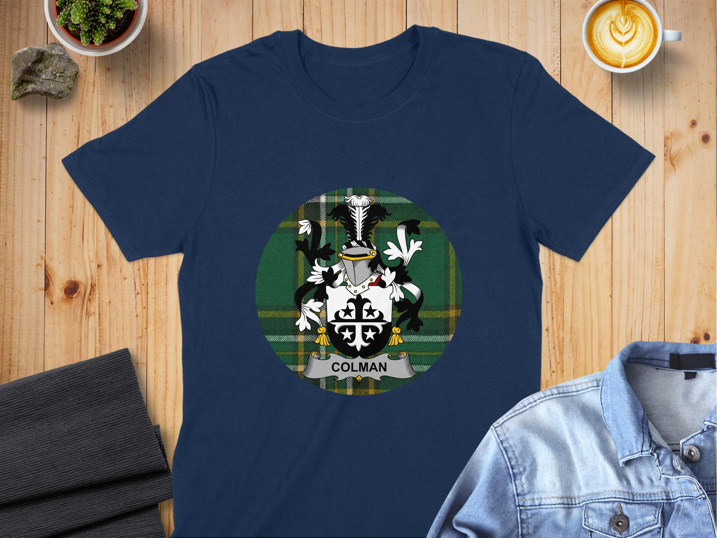 Colman Family Crest Irish Tartan Background T-Shirt - Living Stone Gifts