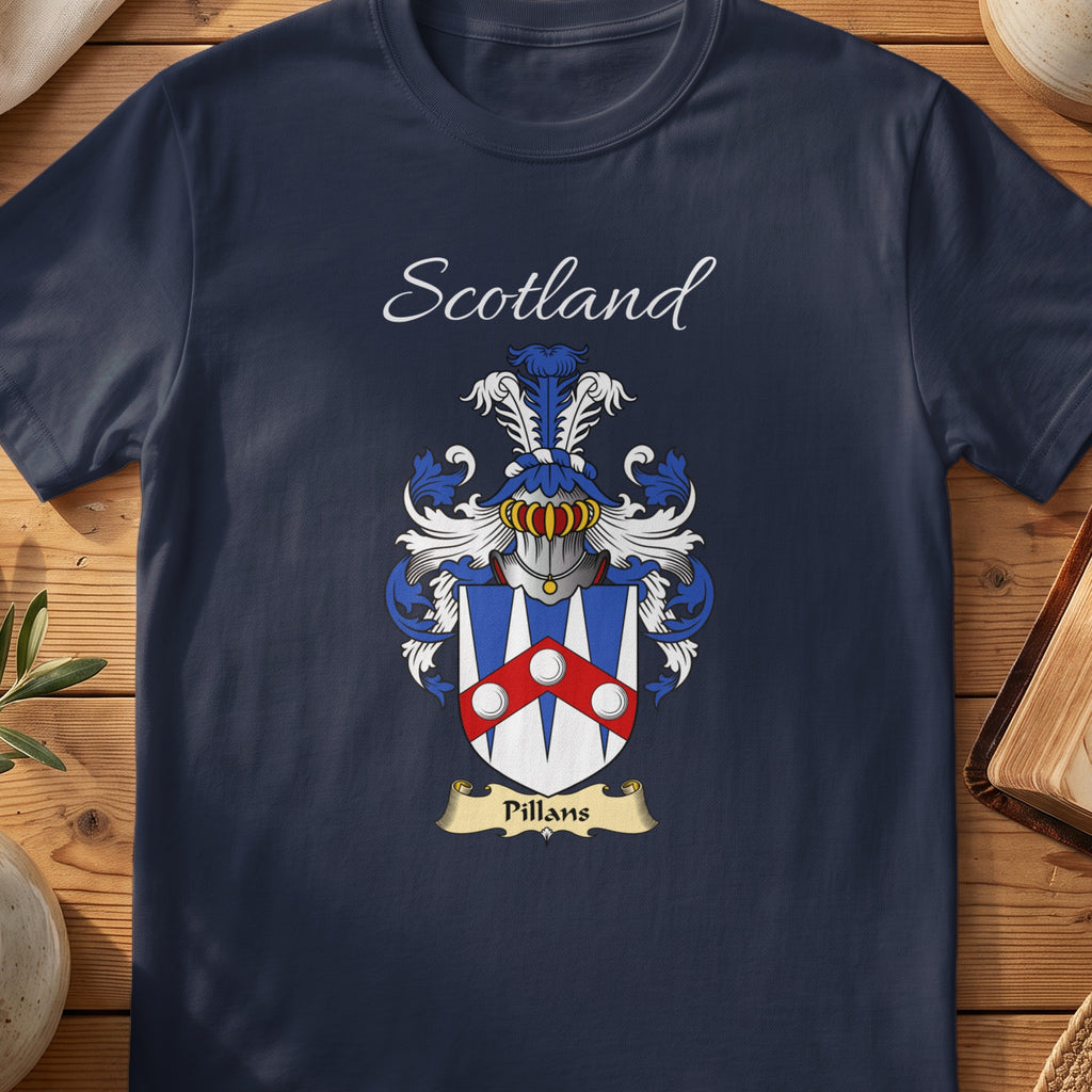 Navy Pillans heritage T-shirt laid flat with “Scotland” and the colourful family shield design.