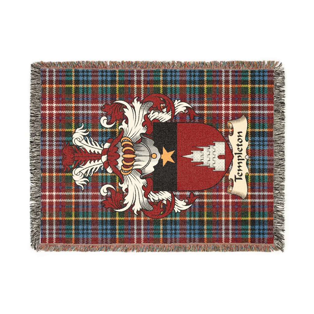 Templeton Scottish woven blanket with family shield and Caledonia tartan background