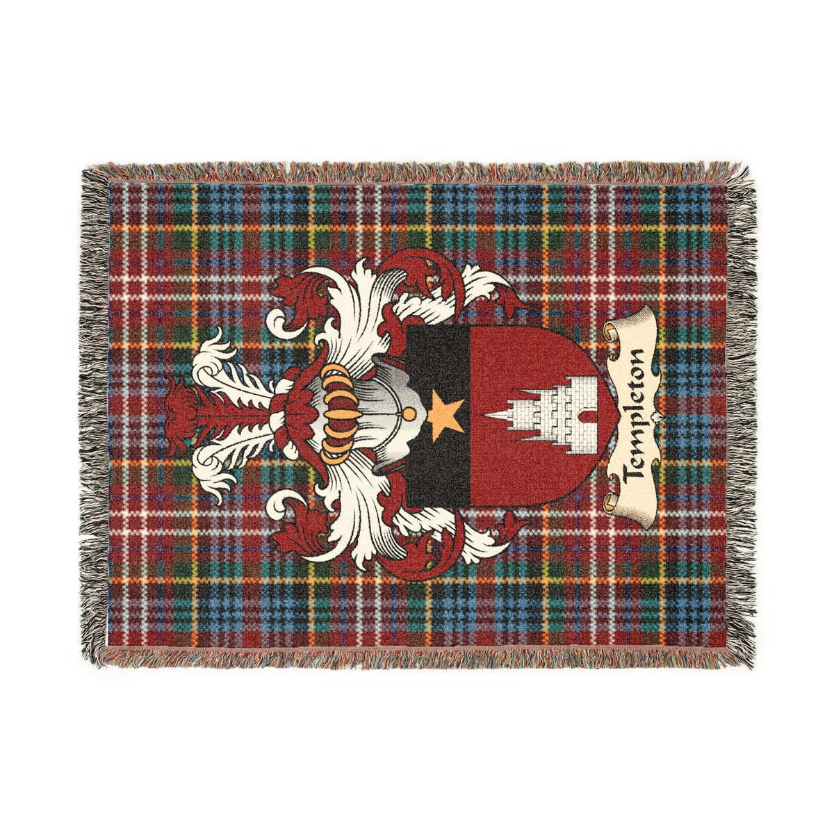 Templeton Scottish woven blanket with family shield and Caledonia tartan background