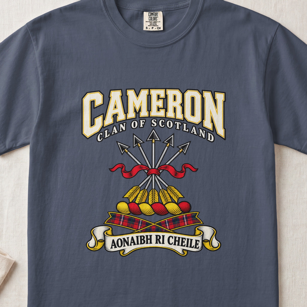 Cameron graphic T-shirt in Midnight blue, front flat lay showing varsity lettering and five arrows tied with red ribbon.