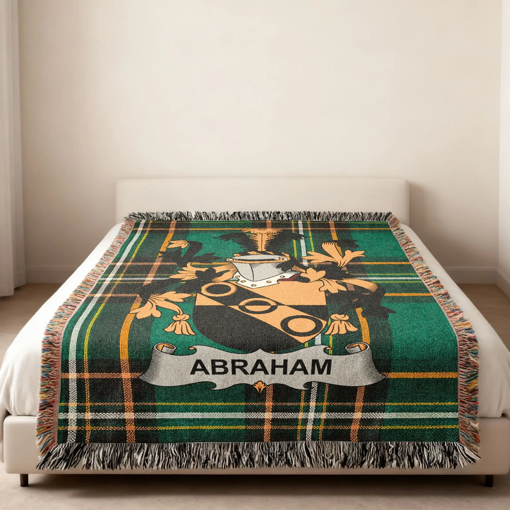 Abraham Irish woven throw blanket with green tartan and traditional fringe