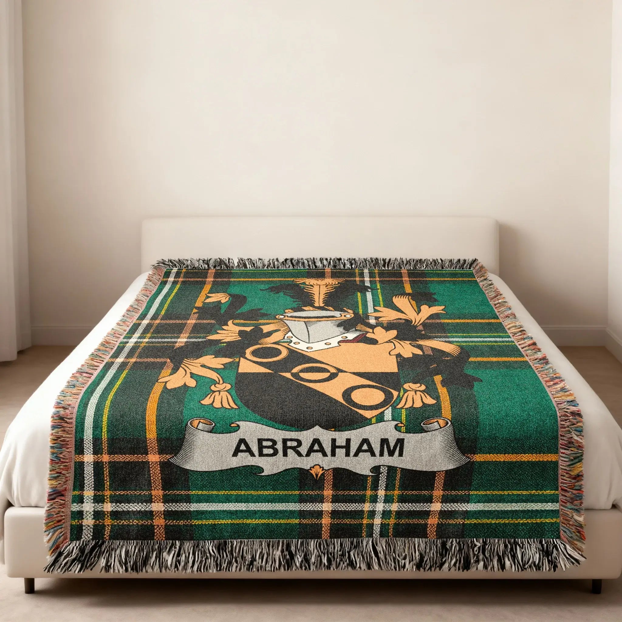 Abraham Irish woven throw blanket with green tartan and traditional fringe