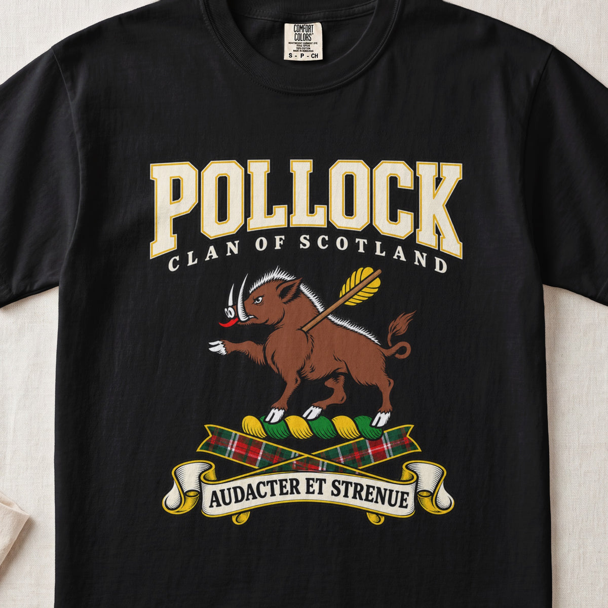 Pollock Scottish clan graphic T-shirt in Black, front view