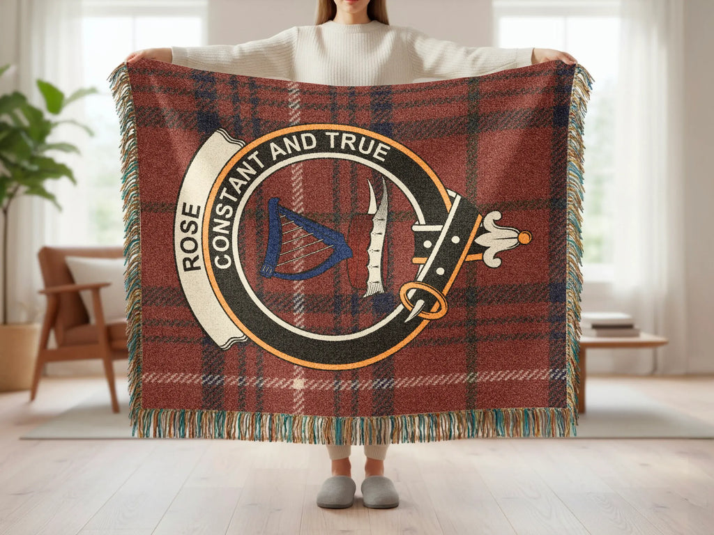 Rose constant and true woven blanket — fringe edge and red tartan pattern