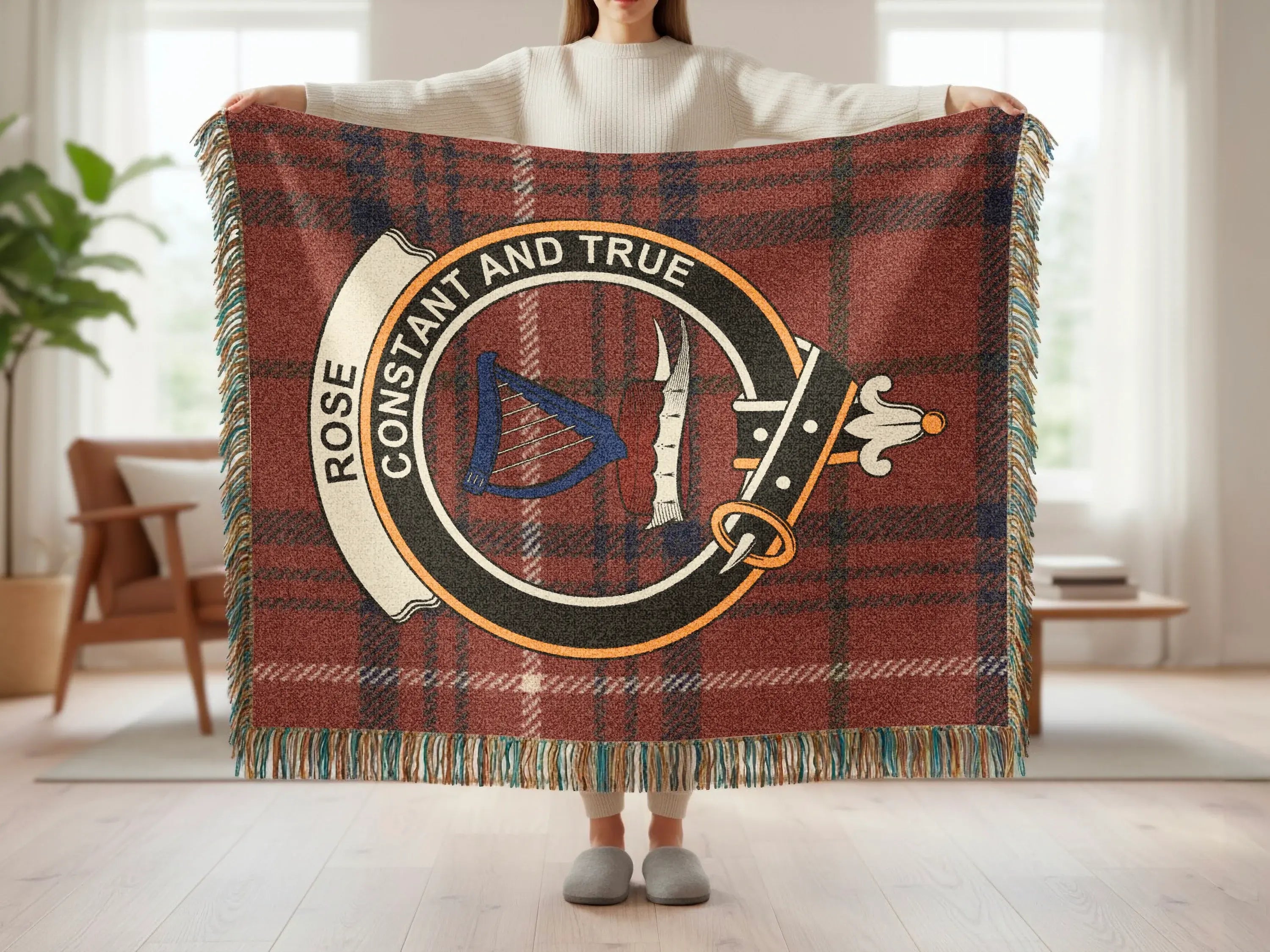 Rose constant and true woven blanket — fringe edge and red tartan pattern