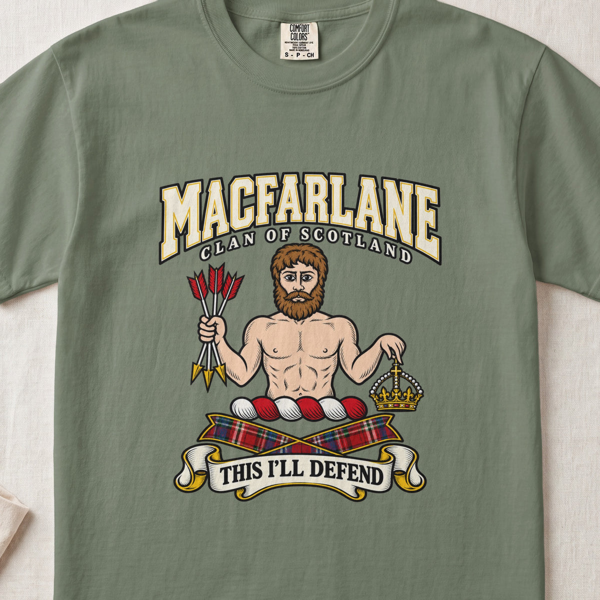 MacFarlane graphic T-shirt in Moss green, front flat lay showing varsity lettering and bearded bare-chested man holding a bundle of arrows and a crown.
