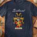 Navy Matheson family shield T-shirt featuring a gold lion across a red-and-black shield