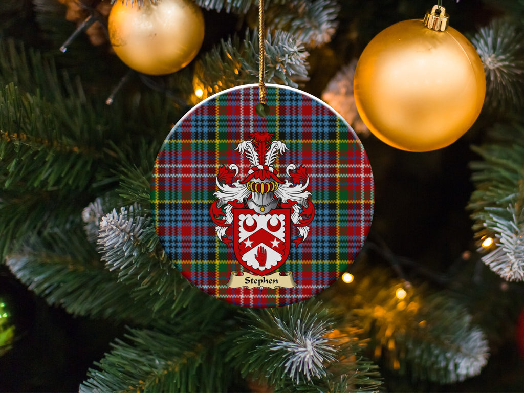 Stephen family emblem ceramic Christmas ornament with Caledonia tartan background in festive holiday décor