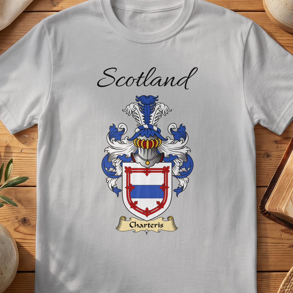 Sport Grey Charteris Scottish family shield T-shirt featuring a red border surrounding a blue band on white