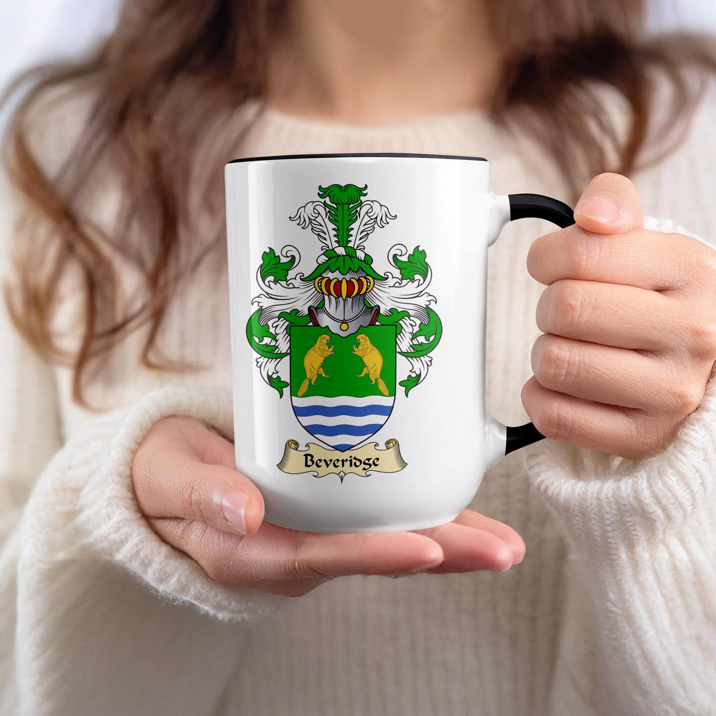 Beveridge family crest on white ceramic mug with black rim.
