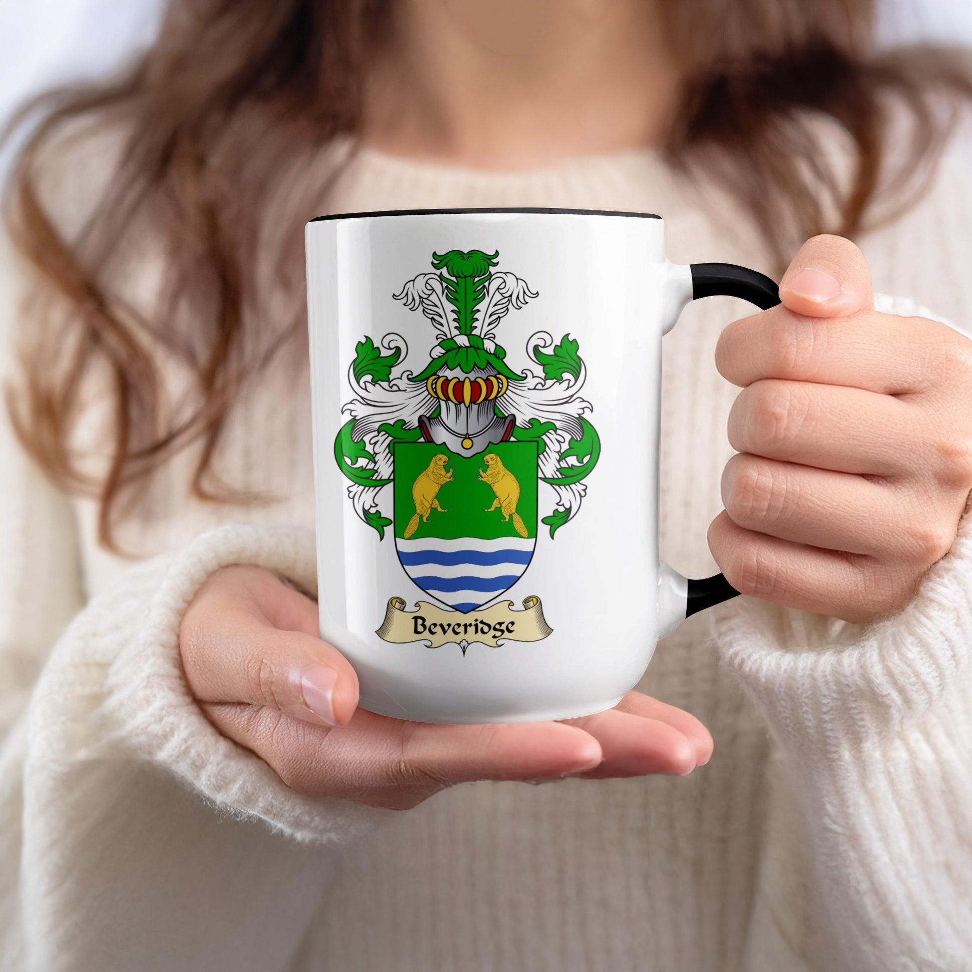 Beveridge family crest on white ceramic mug with black rim.