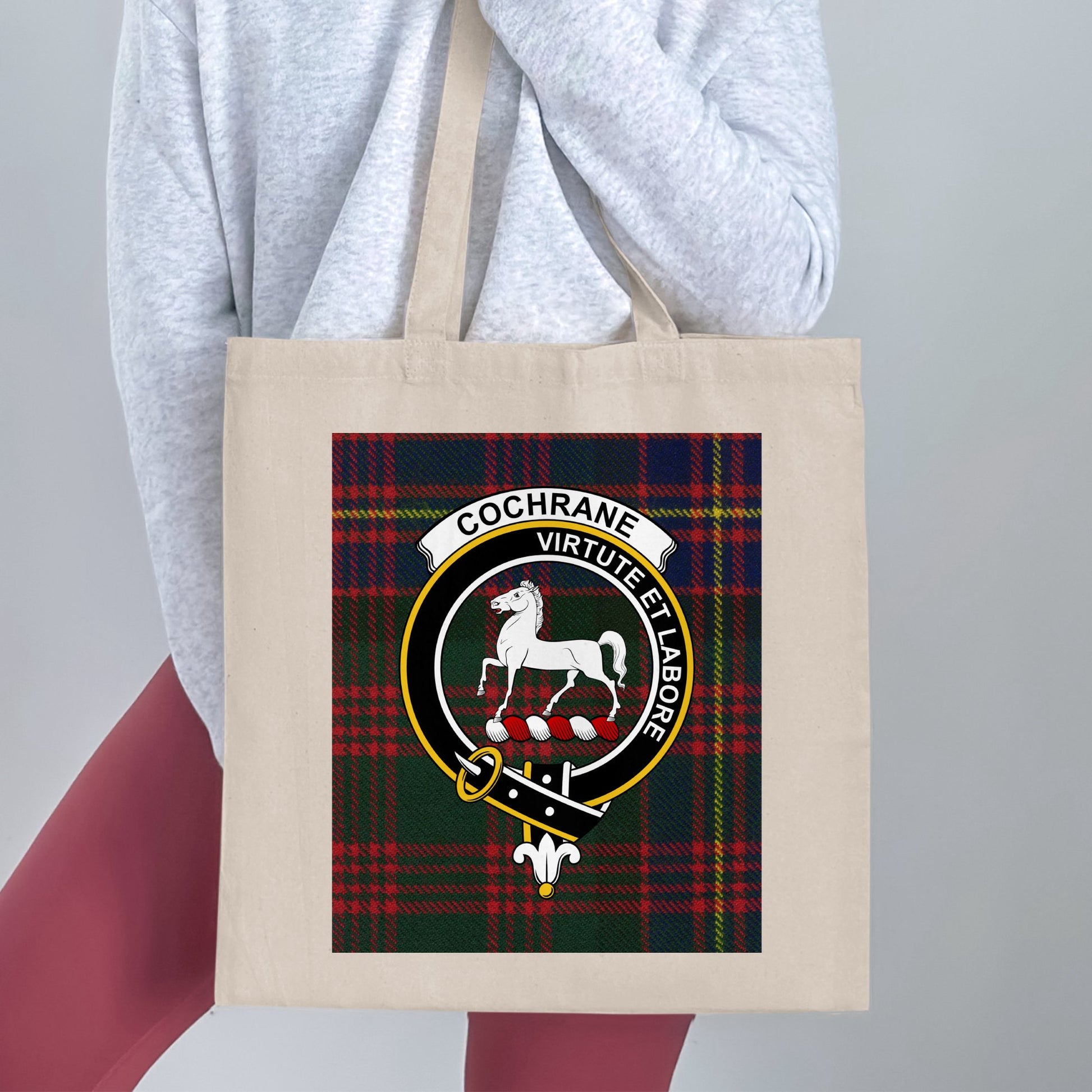 Cochrane Clan Tartan Crest Virtue et Labore Tote Bag - Living Stone Gifts