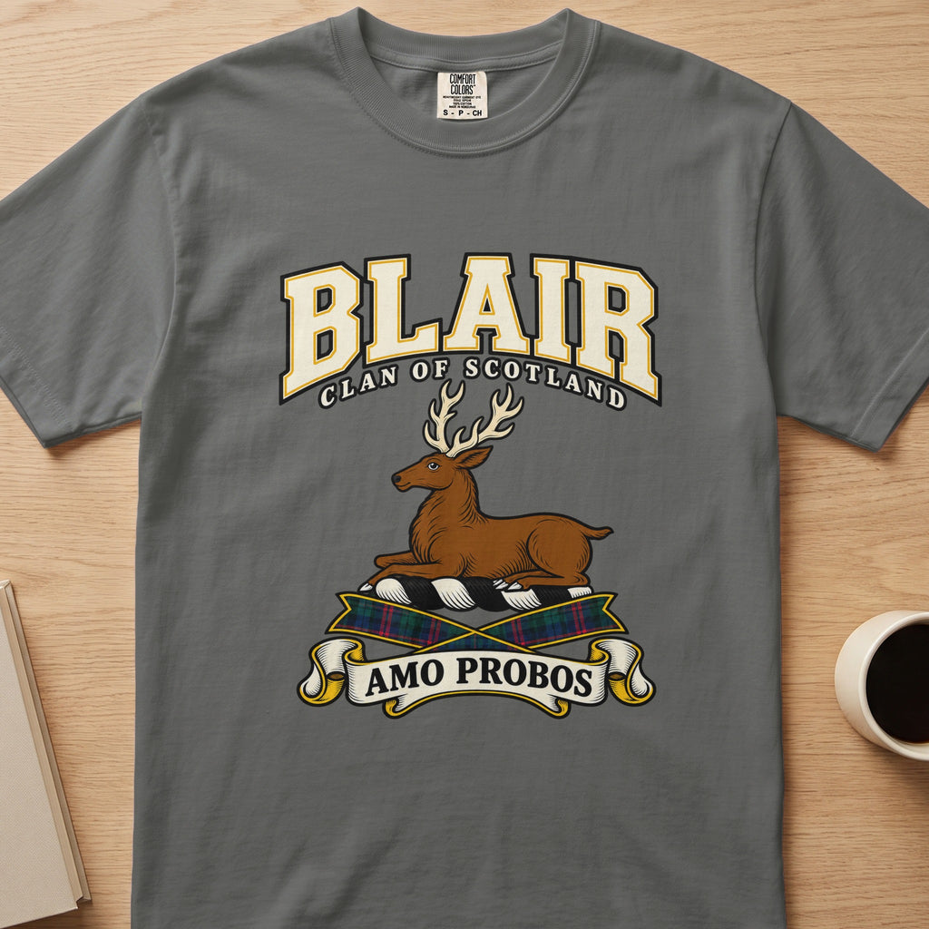 Blair clan crest with resting stag on a gray Comfort Colors T-shirt, front view