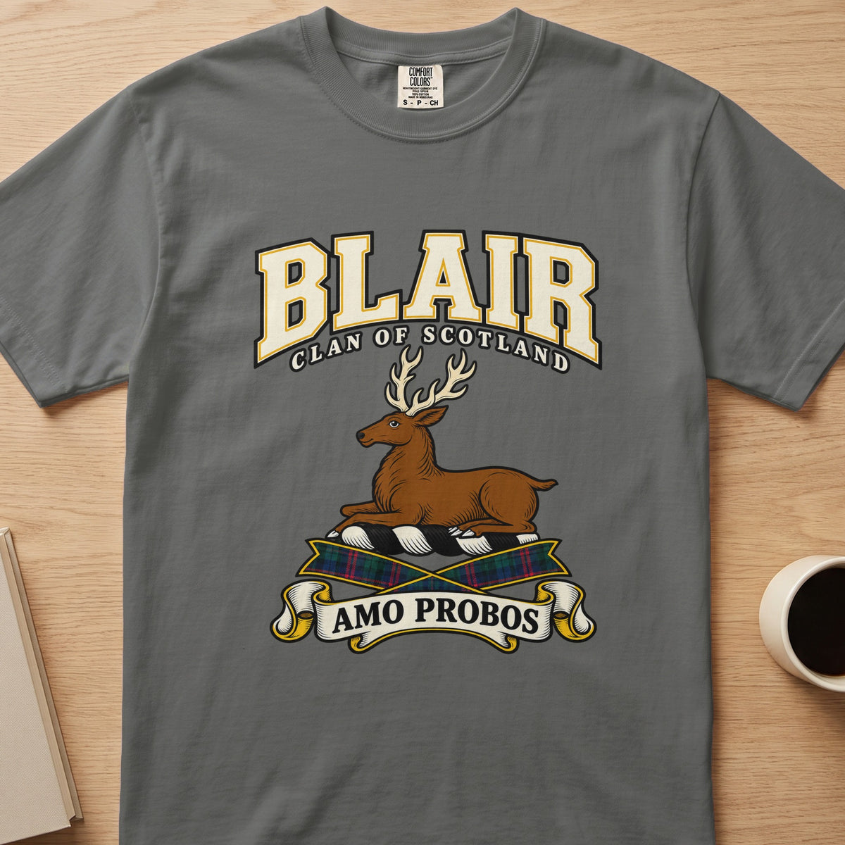 Blair clan crest with resting stag on a gray Comfort Colors T-shirt, front view