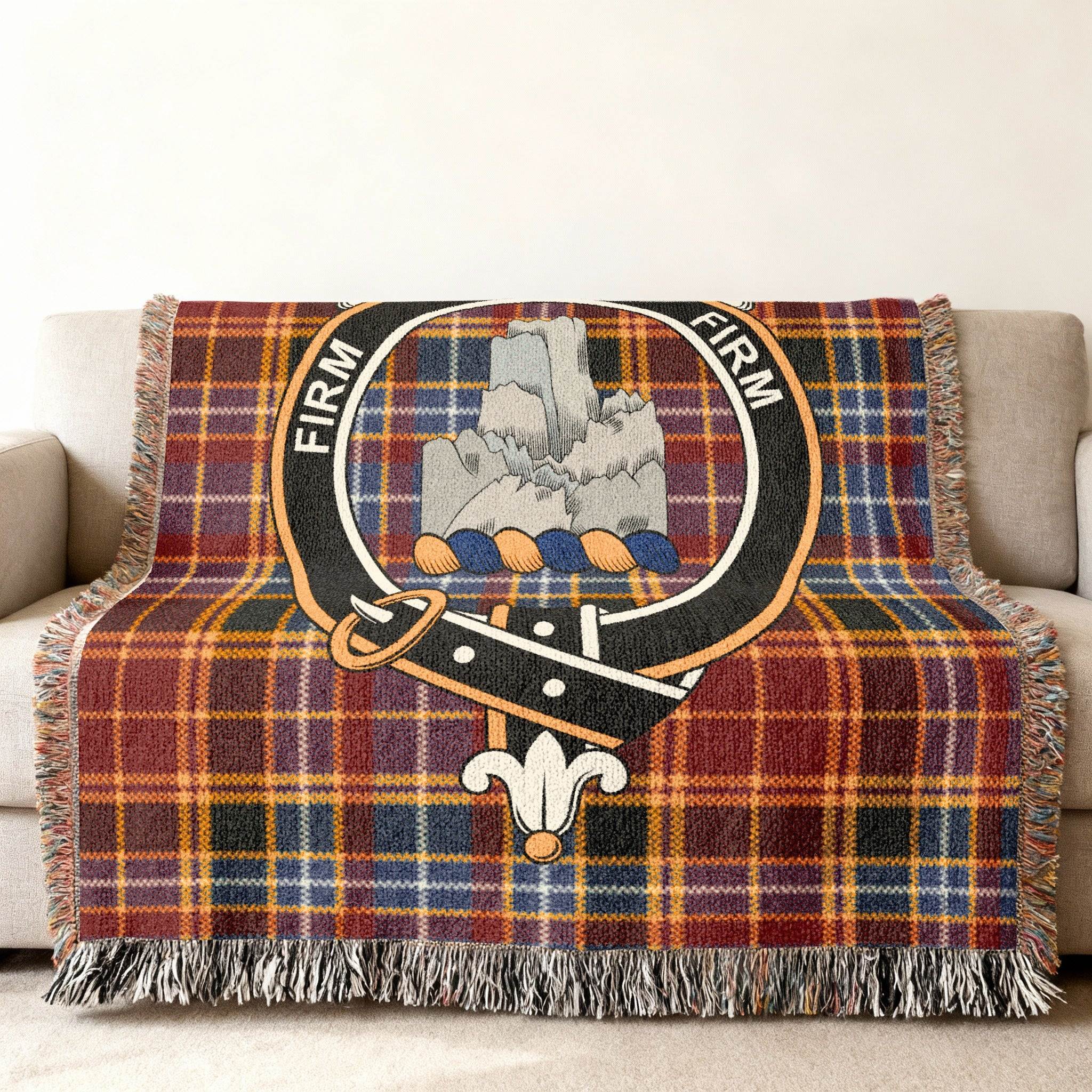 Clan Dalrymple woven blanket — 80x60 size showing full tartan pattern and fringe edge