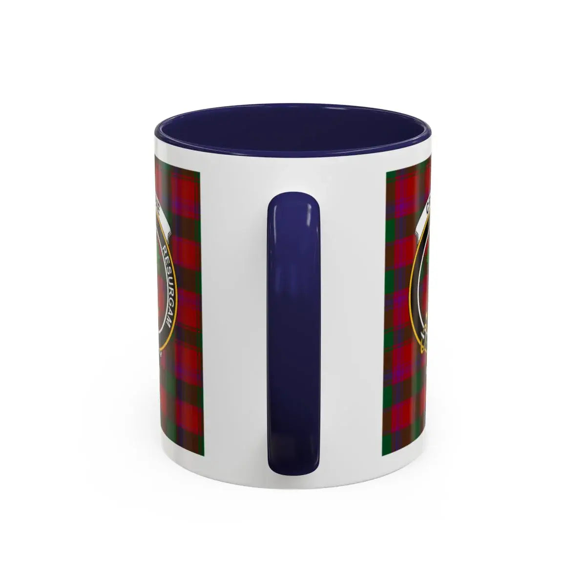 Crest Emblem in Tartan Background Blue Handle Mug