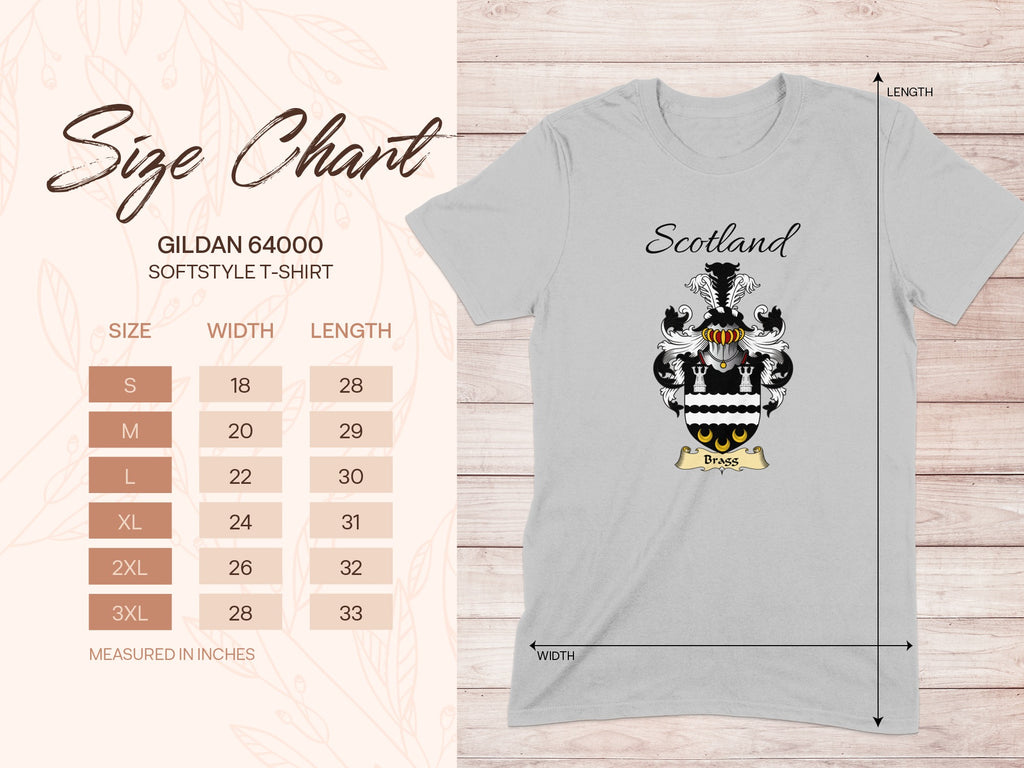 Gildan 64000 size chart for the Bragg unisex T-shirt, sizes S to 3XL