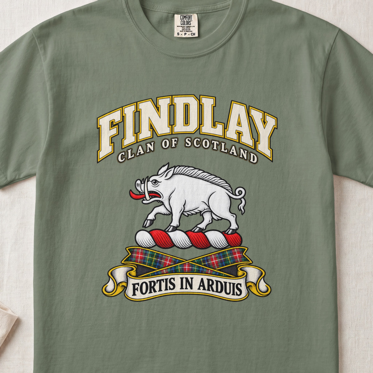 Findlay Scottish clan T-shirt in Moss, front view with a white boar and motto banner.