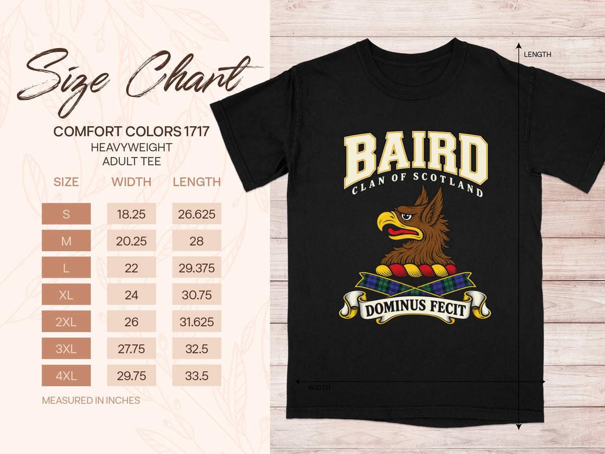 Comfort Colors 1717 size chart in inches with a black Baird clan crest T-shirt preview