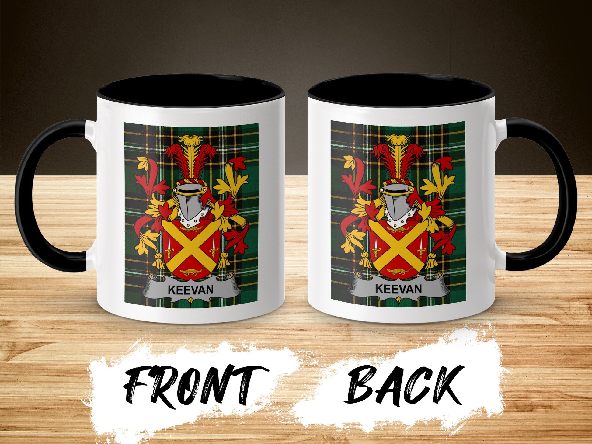 Two mugs with the KEEVAN coat of arms on a wooden surface.