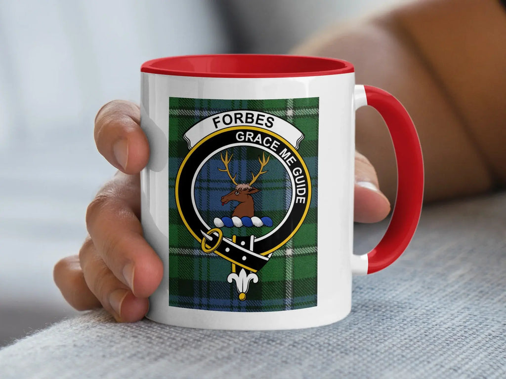Forbes clan crest accent mug with red handle — Grace Me Guide tartan design on 11oz ceramic