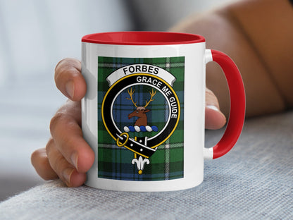 Forbes clan crest on a mug with red handle and rim.