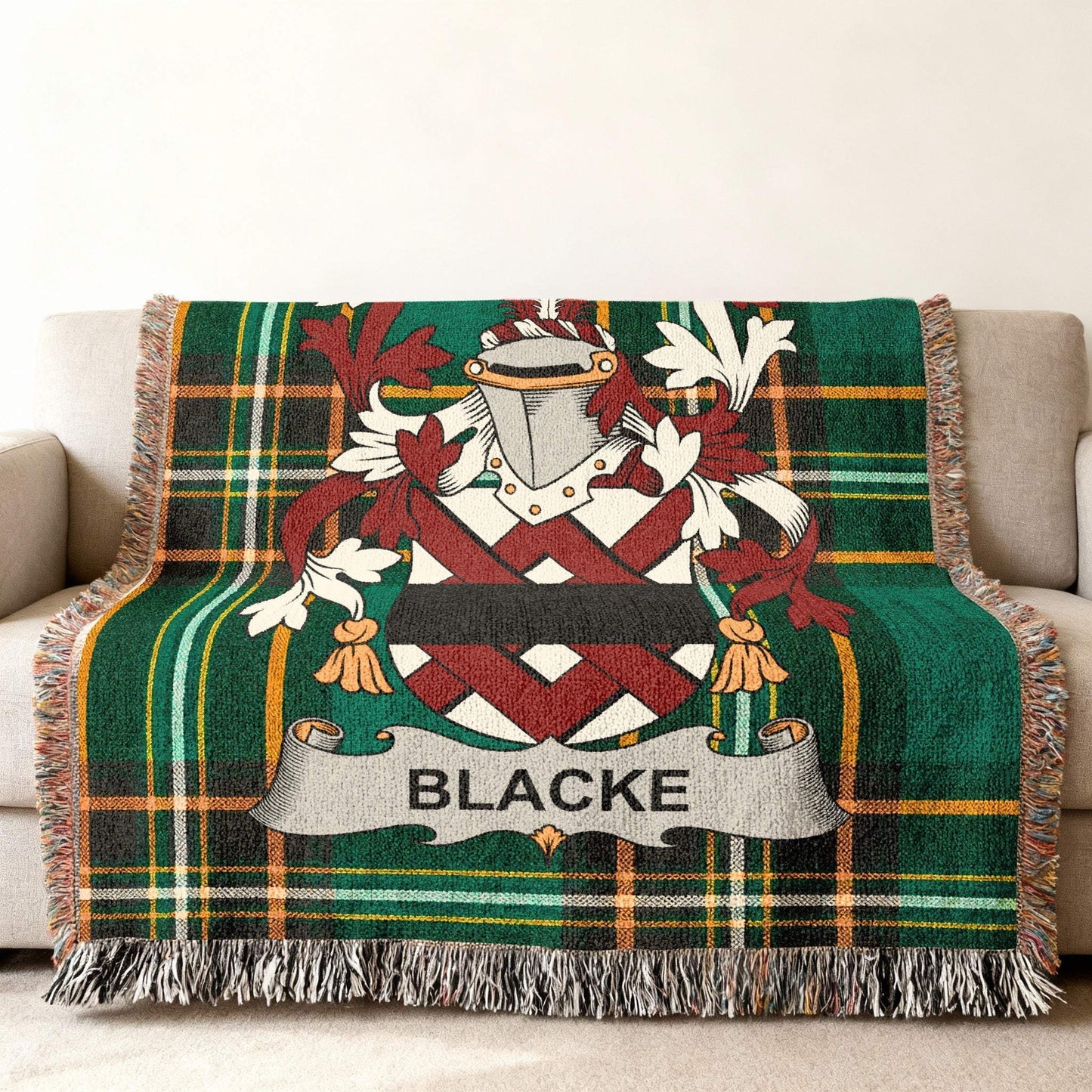 BLACKE Family Crest Plaid Pattern Green Throw Blanket product type