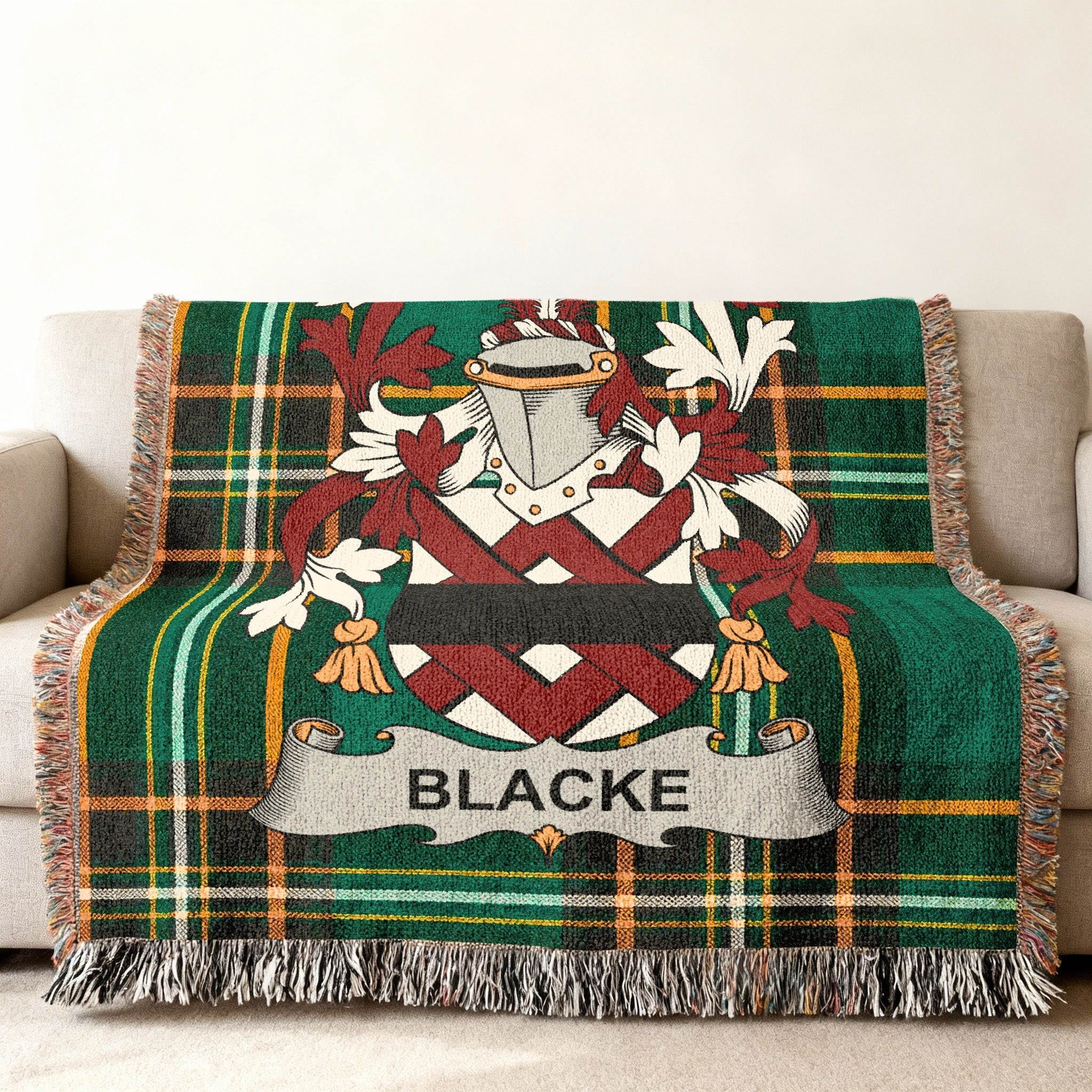 BLACKE Family Crest Plaid Pattern Green Throw Blanket product type