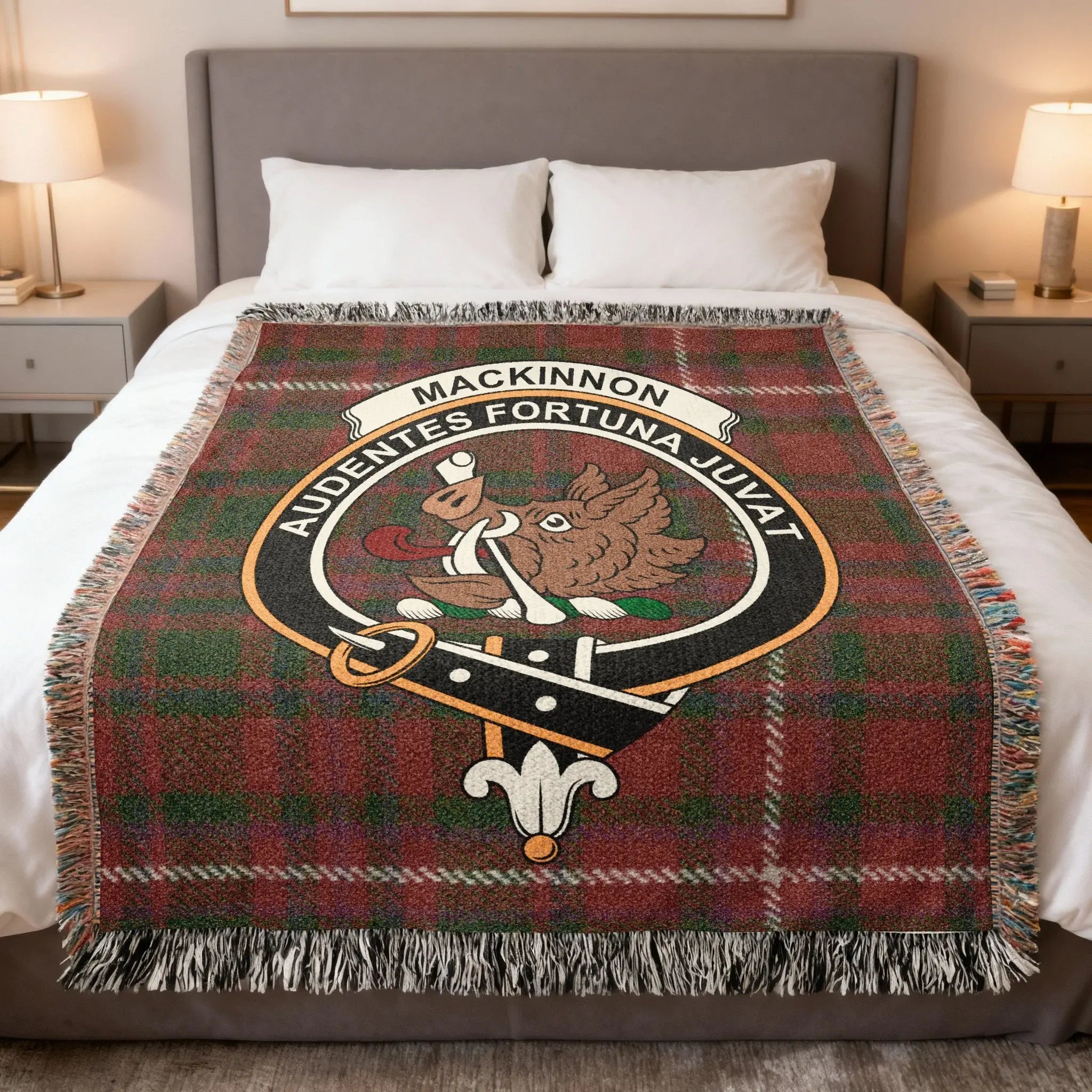 MacKinnon clan crest tartan woven cotton blanket — Audentes Fortuna Juvat with fringe edge