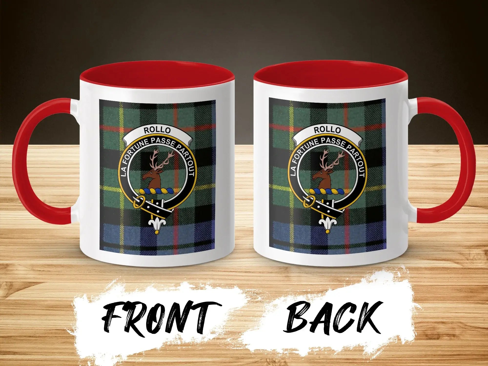 Clan Rollo La Fortune Passe Partout mug front and back — glossy ceramic, navy handle, 11 oz