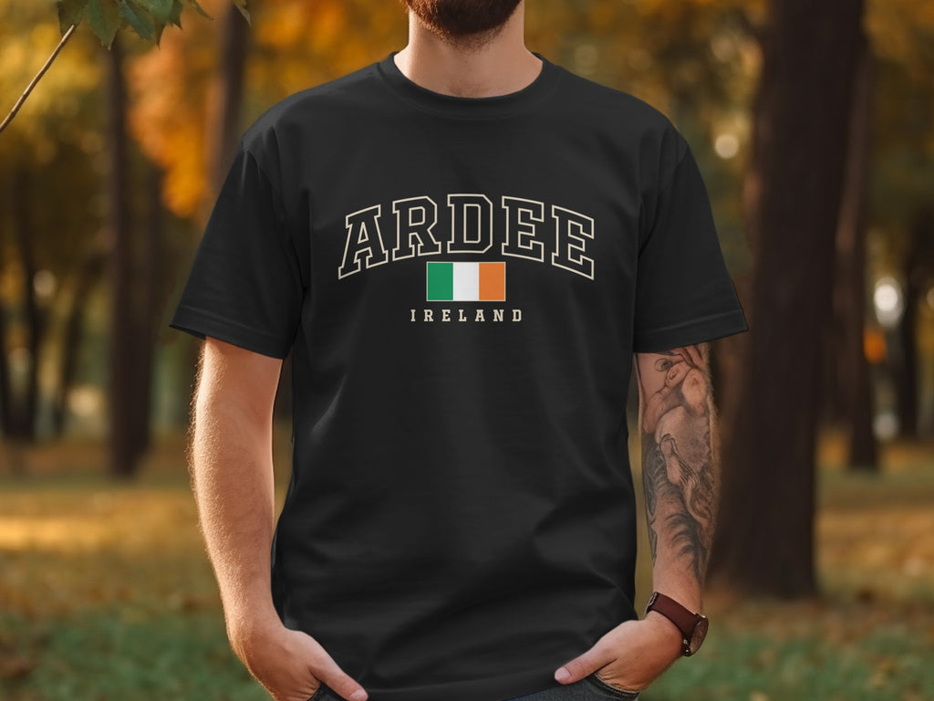 Black t-shirt with "ARDEE IRELAND" text and Irish flag design.