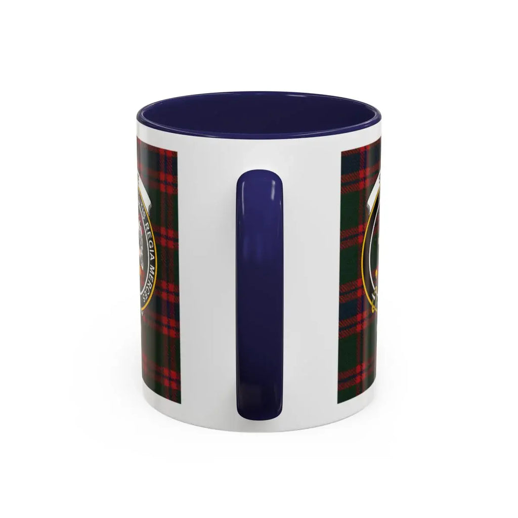 Clan Skene Scottish tartan mug — close-up of clan crest and navy accent interior